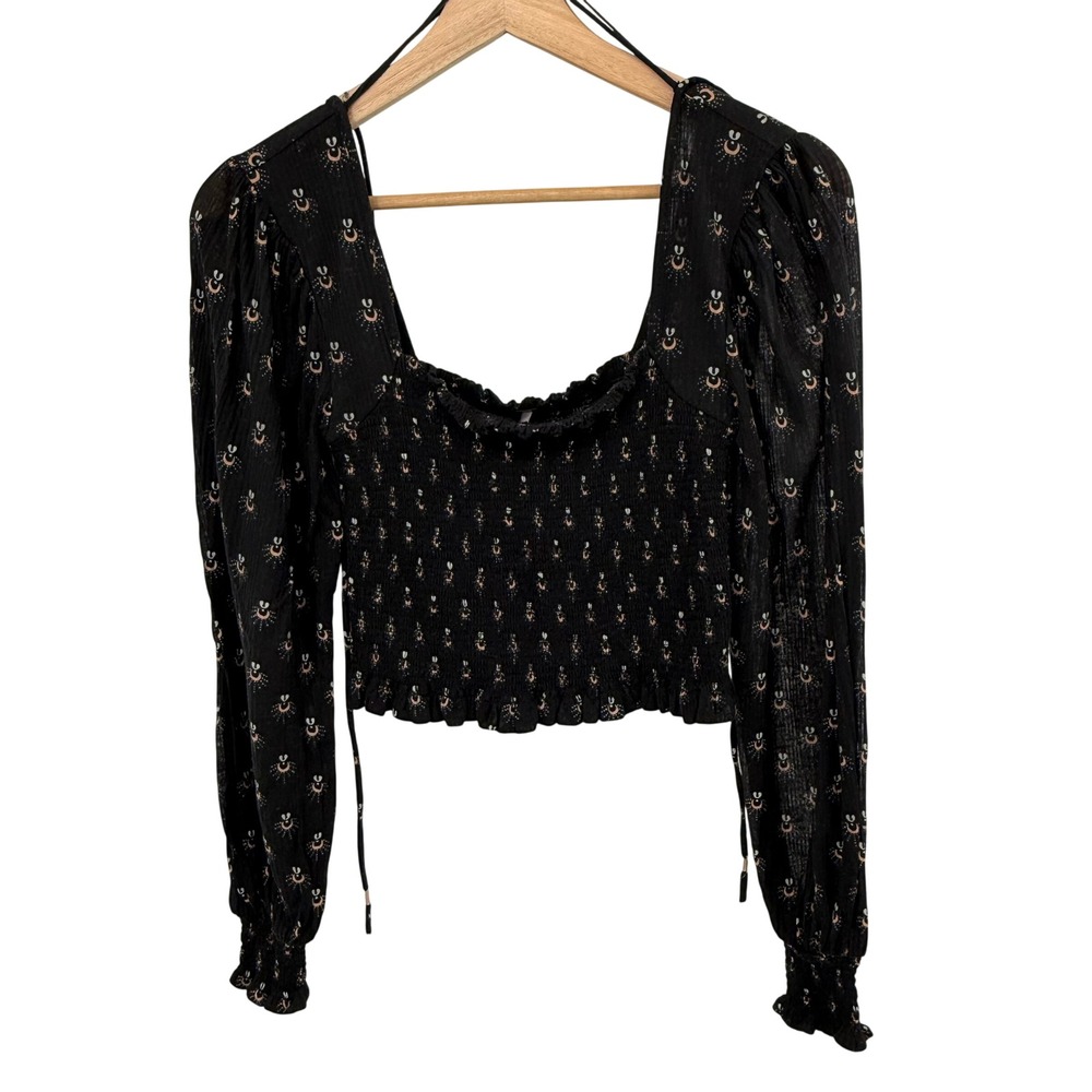Free People Smocked Celestial Crop Top Womens XS Black Moon Sun Long Sleeve EX